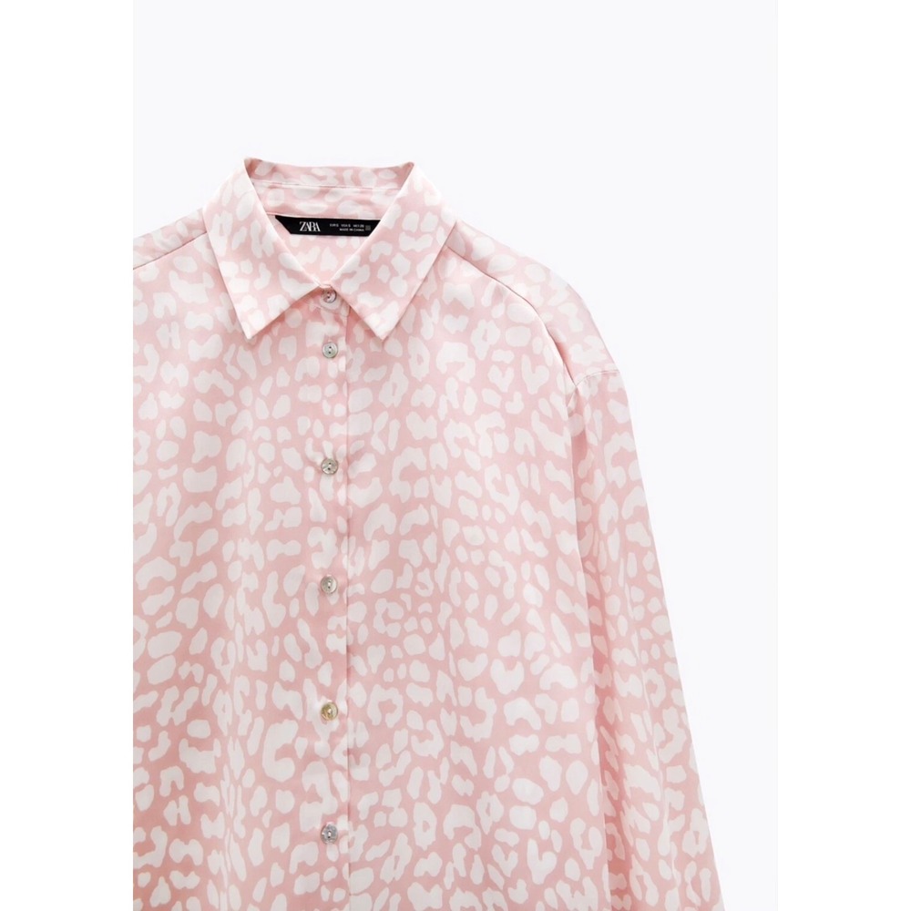 Zara Button Up Shirt Women‎ Small Pink Animal Print Satin Relaxed Blouse